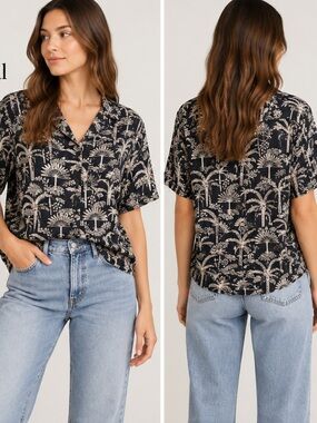 Mixed Black Botanical Print Short-Sleeve pleatedShirt button front cotton size M